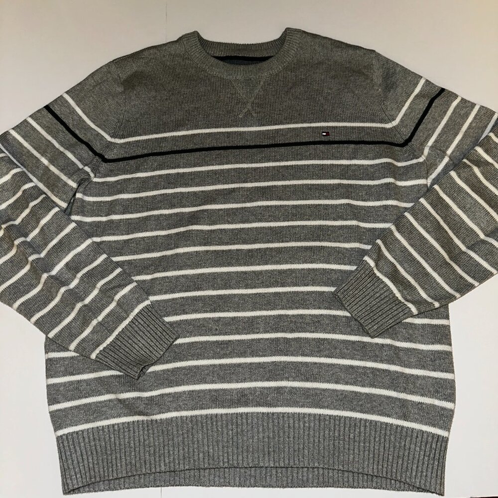 Tommy Hilfiger Premium Cotton Gray Stripe Crewneck Sweater Pullover Men's Size L